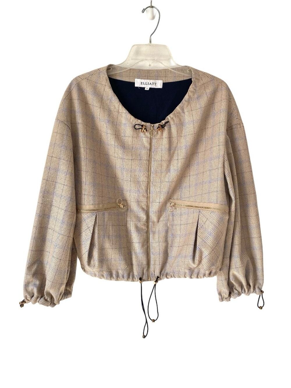 Elliatt Tan Beige Plaid Cropped Zipper Jacket 3/4 Sleeves size small
